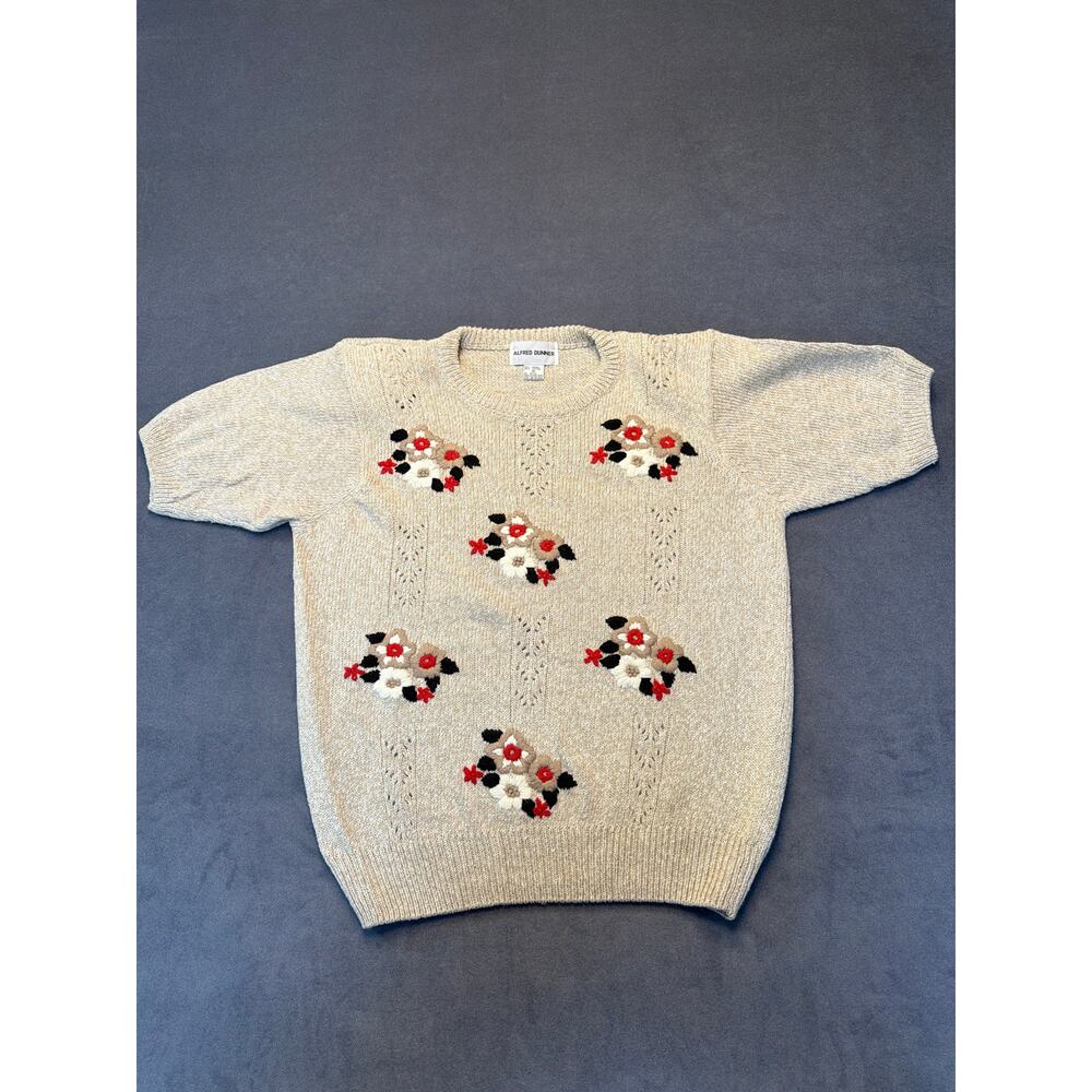 Vtg Alfred Dunner Embroidered Sweater Womens Med Floral Short Sleeve Knit Tan
